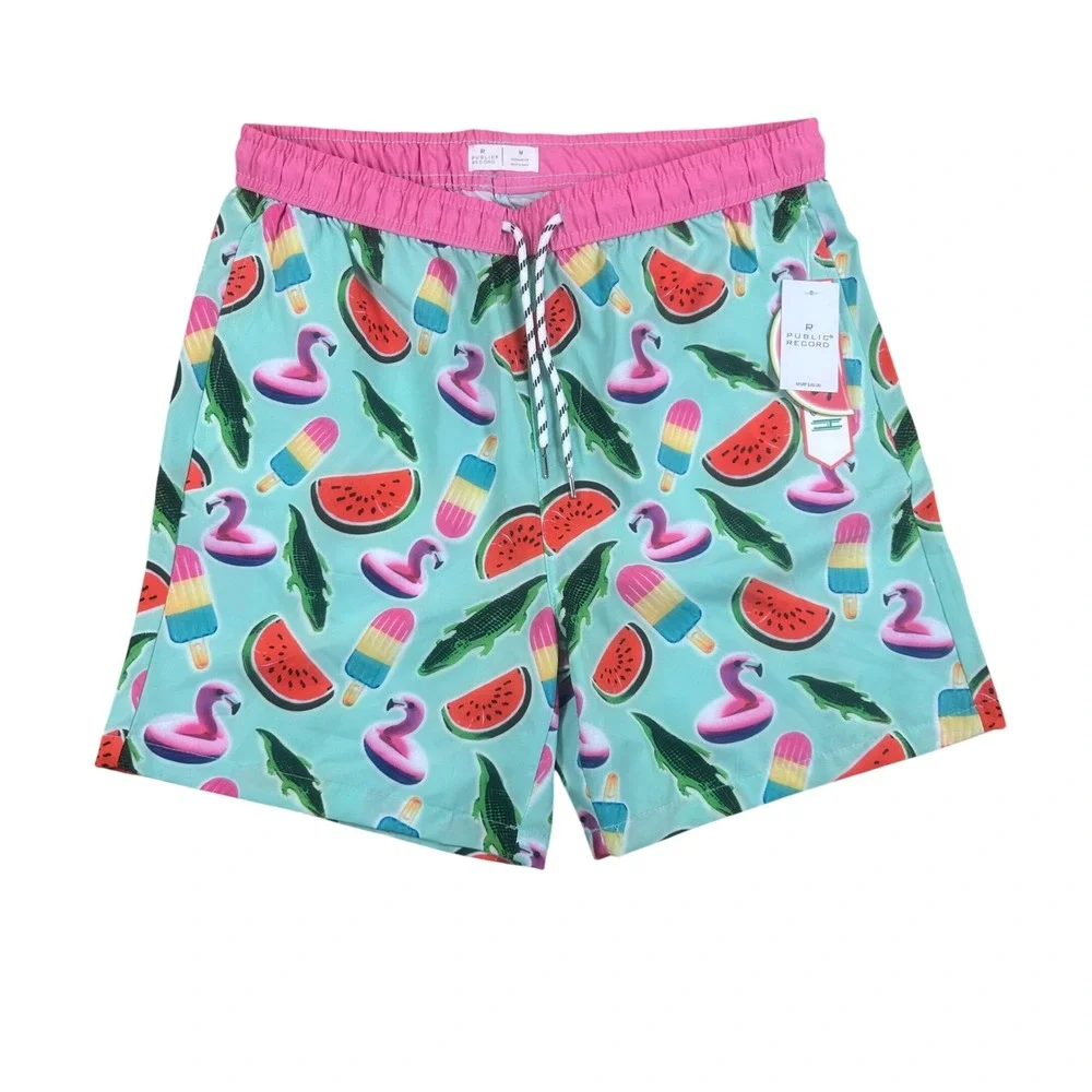 Public Record Mens Swim Trunks Medium Watermelon Flamingo Crocodile Mint Green